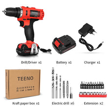 Load image into Gallery viewer, TEENO 3/8&quot; Electric Screwdriver Cordless Drill Power Driver 21-Volt DC Lithium-Ion Battery 40N.m two-Speeds